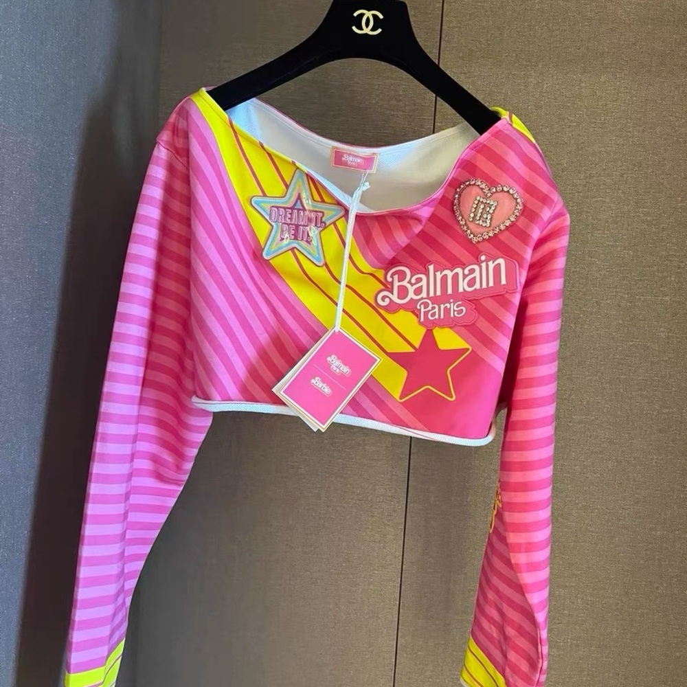 Authentic Balmain Pink and Yellow Long Sleeve Tee - Picture 1 of 8